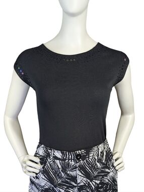 Vintage Bianca Nygård Black Beaded Tank Top Stretch Knit Party Top | Size XL